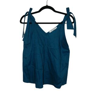 Moussy Blue Linen Top Sleeveless Tie Strap V Neck Cami Tank Womens Free One Size